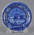 Historical blue Staffordshire Castle Garden Battery New York cup plate 19th c