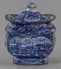 Historical blue Staffordshire Landing of Lafayette sugar bowl 19th c