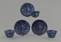 Three historical blue Staffordshire Lafayette at Franklins Tomb cups and saucers 19th c
