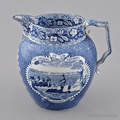 Historical blue Staffordshire Landing of the Fathers at Plymouth pitcher 19th c