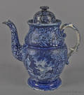 Historical blue Staffordshire Lafayette at Franklins tomb coffee pot 19th c