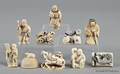 Ten Japanese carved ivory netsuke