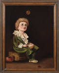 Oil on canvas portrait of a boy blowing bubbles