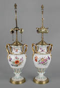 Pair of Meissen type porcelain urns