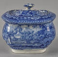 Historical blue Staffordshire Franklins Tomb sugar bowl and cover 19th c