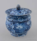 Historical blue Staffordshire Lafayette at Franklins Tomb sugar bowl 19th c