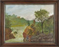 Primitive oil on canvas landscape with a gentleman fishing
