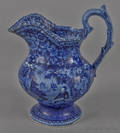Historical blue Staffordshire Lafayette at Franklins Tomb pitcher 19th c