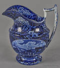 Historical blue Staffordshire Landing of Lafayette pitcher 19th c
