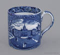 Historical blue Staffordshire Boston State House and New York City Hall mug 19th c