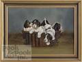 American oil on canvas of five puppies in a basket