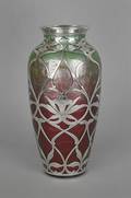 Loetz iridescent glass vase with sterling silver overlay