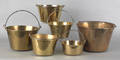 Six brass pots with iron swing handles