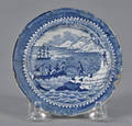 Historical blue Staffordshire Landing of the Fathers at Plymouth cup plate 19th c