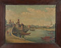 Attributed to Youqua China Trade oil on canvas domestic river scene