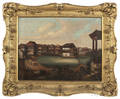 Attributed to Youqua China Trade oil on canvas town scene