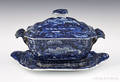 Historical blue Staffordshire Landing of Lafayette covered gravy and undertray 19th c