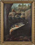 American oil on board primitive fishing scene