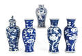 Five Chinese porcelain blue and white garniture vases