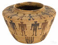 California polychrome pictorial Yokuts coiled basketry jar ca 1900