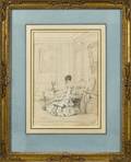 French watercolor and pencil interior scene with a woman doing needlework