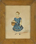 Watercolor portrait of a girl in a blue dress ca 1840