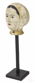 French carved and painted wood milliners head 19th c