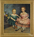 American oil on canvas portrait of two sisters ca 1850