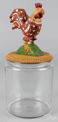 Contemporary carved and painted rooster and glass canister