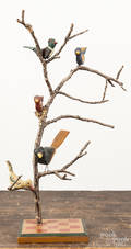 Contemporary carved and painted bird tree