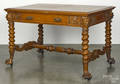 Victorian carved oak library table with barley twist legs and masked figures