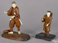 Two Japanese carved boxwood ivory and mother of pearl appliqud figures