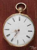 French 18K yellow gold pocket watch with key wind and enameled lettering on dust cover