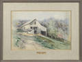 Watercolor landscape with a barn