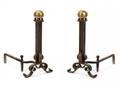 English 19th C Wrought Iron  Brass Andirons