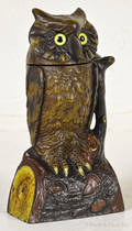 J  E Stevens Co cast iron Owl Turns Head mechanical bank