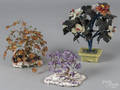 Three Chinese hardstone and wire flowering trees with decorative stone bases