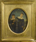 Oil on panel portrait of two brothers and their cat earlymid 19th c