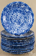 Group of twelve blue and white spongeware plates
