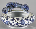 Japanese blue and white porcelain dish with applied dragons