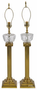 Pair of brass and cut glass table lamps early 20th c
