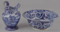 Blue Staffordshire English scenery pitcher and basin 19th c