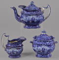 Historical blue Staffordshire Washington at Tomb teapot sugar and creamer