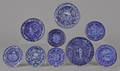 Nine assorted blue transfer decorated Staffordshire plates and shallow bowls 19th c