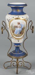Bohemian handpainted and gilt milk glass portrait vase