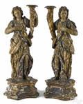 Pair of Continental carved and painted figural pricket sticks 18th c