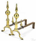 Pair of New York Federal brass steeple top andirons ca 1800
