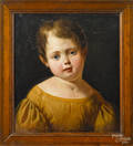 Pair of English oil on board portraits of a boy and girl ca 1860