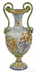 Large Italian majolica urn with snake handles