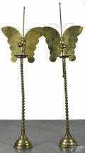 Pair of Korean brass torchieres with butterfly screens